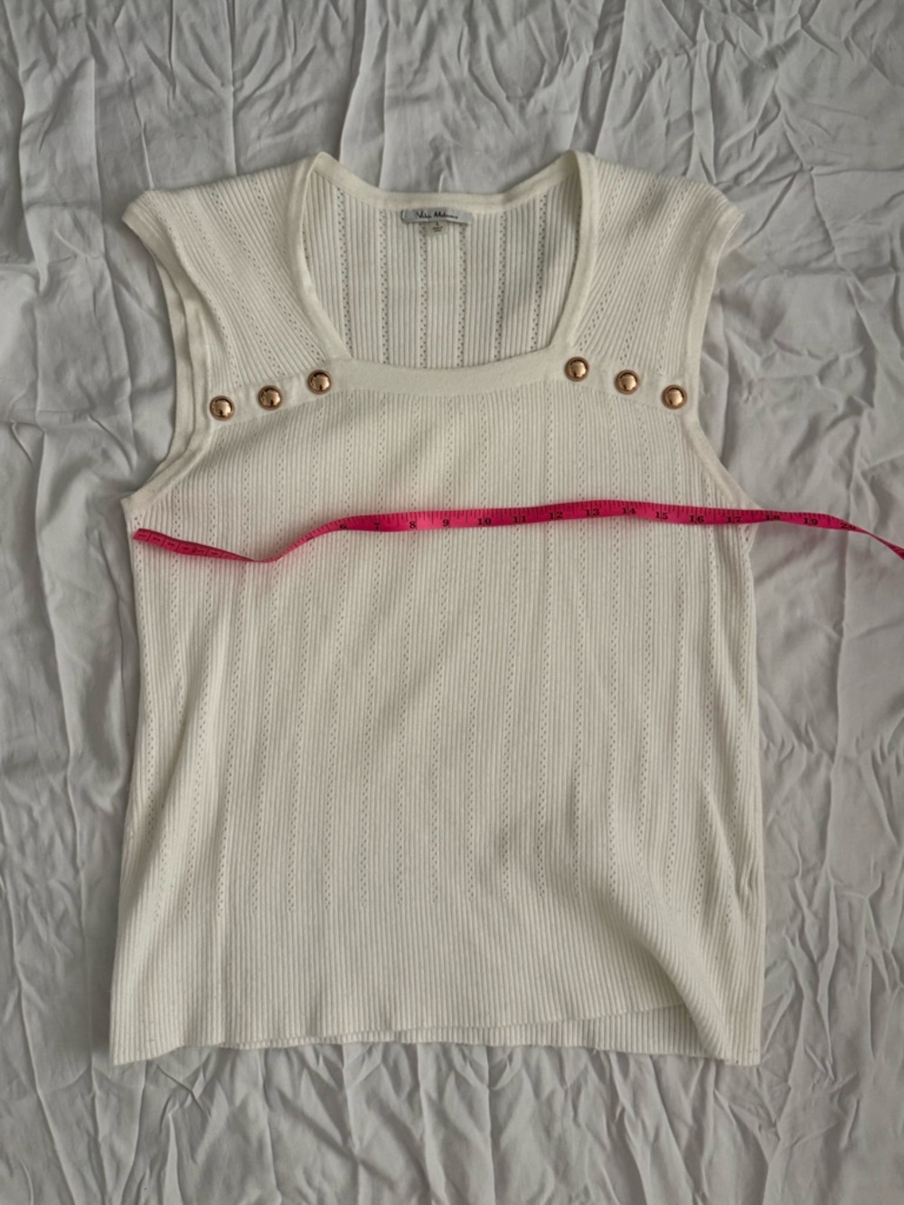 Cream Ribbed Knit Top Gold Button Detail Size L